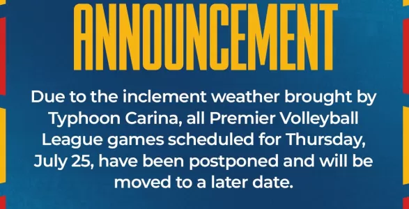 The Premier Volleyball League (PVL) has announced that all games scheduled for Thursday, July 25, have been canceled due to the inclement weather brought by Typhoon Carina.